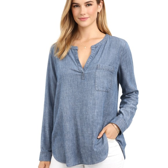 J. Jill Tops - J Jill Denim Womens Chambray Top XL Blue Minimalist Linen Blend Capsule Wardrobe